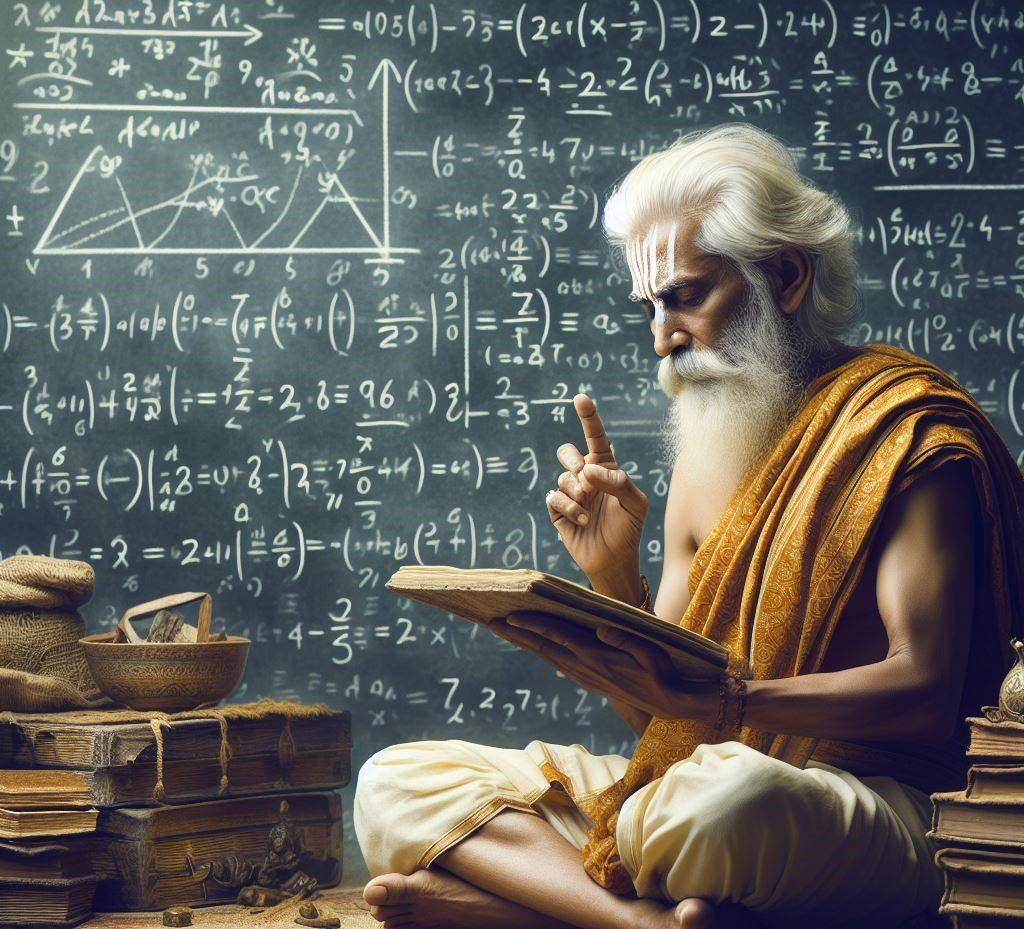 Ancient Indian mathematician practicing Vedic math.