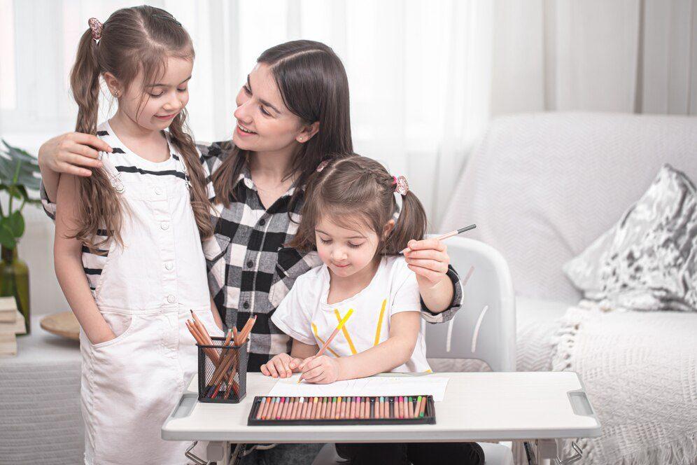 A mother helping her children with curriculum.