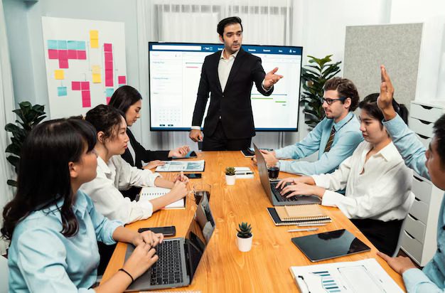 corporate employee raise hand ask question project meeting habiliment 31965 643509