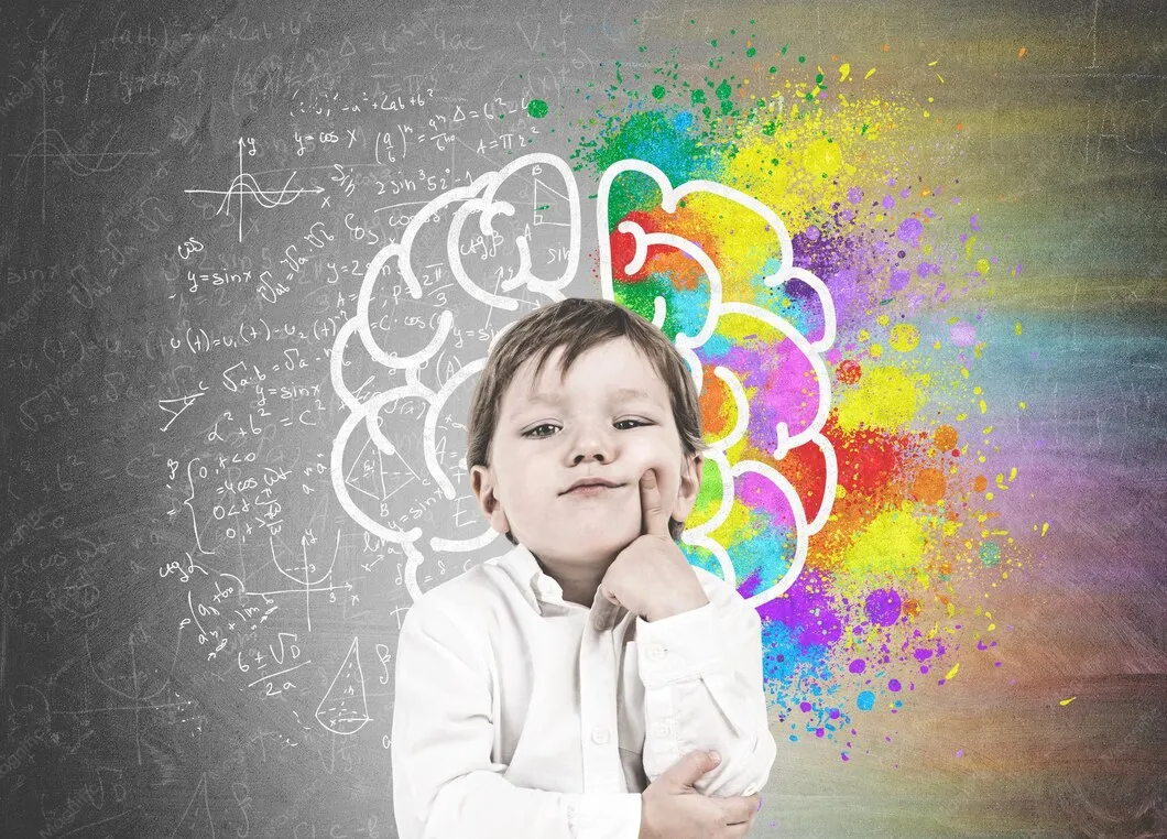 cute little boy white shirt dark blue jeans is thinking holding his finger near his cheek decision making concept blackboard with colorful brain sketch 780608 24699